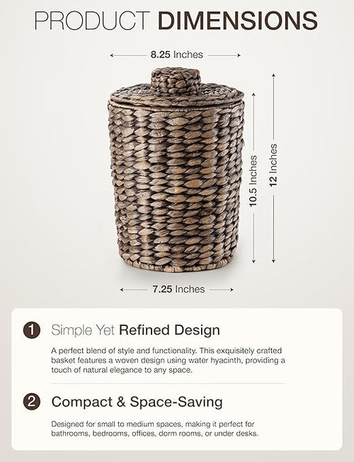 2 Gallons Wicker Waste Basket - Water Hyacinth Bathroom Trash Can - Garbage Can with Lid Boho Style - Wicker Trash Can with Lid for Bedroom Kitchen - Removable Liner Handwoven (Black Color)