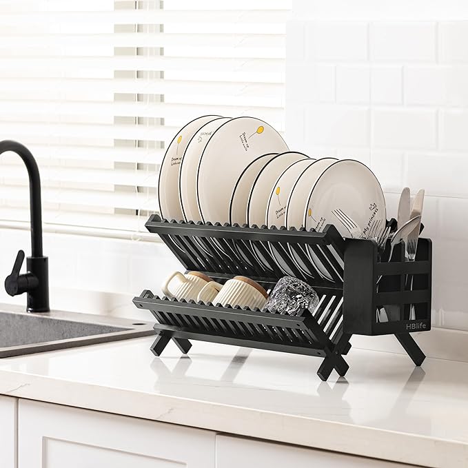 HBlife Dish Rack Black Bamboo Folding 2-Tier Collapsible Drainer Dish Drying Rack with Utensils Flatware Holder Set (Dish Rack with Utensil Holder)