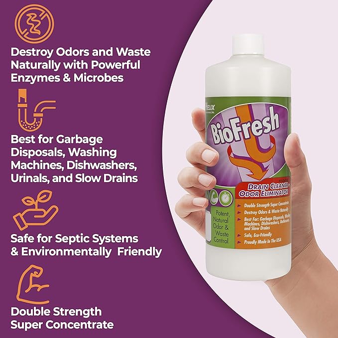 Enzyme Drain Cleaner &amp Deodorizer for Sink Drain Showers Septic Systems Bathroom &amp Kitchen - Smell Remover for Fruit Fly Garbage Disposals Dishwasher &amp Washing Machines - (32oz)