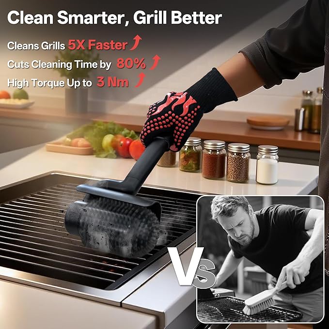 Electric Grill Brush 800 RPM Grill Brush for Outdoor Grill 3Nm High Torque Motor 304 Stainless Steel φ3.94 Inch Removable Brush Head with Heat Resistant Gloves Gift for Men