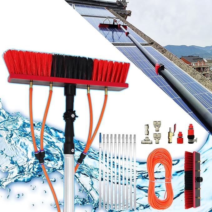 Professional 46ft(14m) Extendable Window Cleaning Pole with Hose Fed Water System Telescopic Brush Kit for Solar Panels Conservatories Trucks Boats and Cars