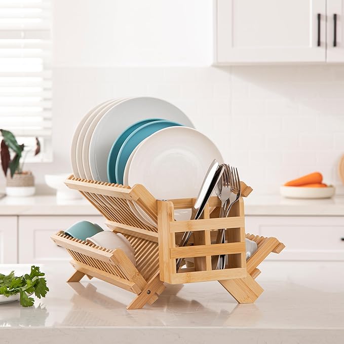 HBlife Bamboo Dish Drying Rack with Utensils Flatware Holder Set 3-Tier Large Folding Drying Holder for Kitchen Counter Collapsible Drainer