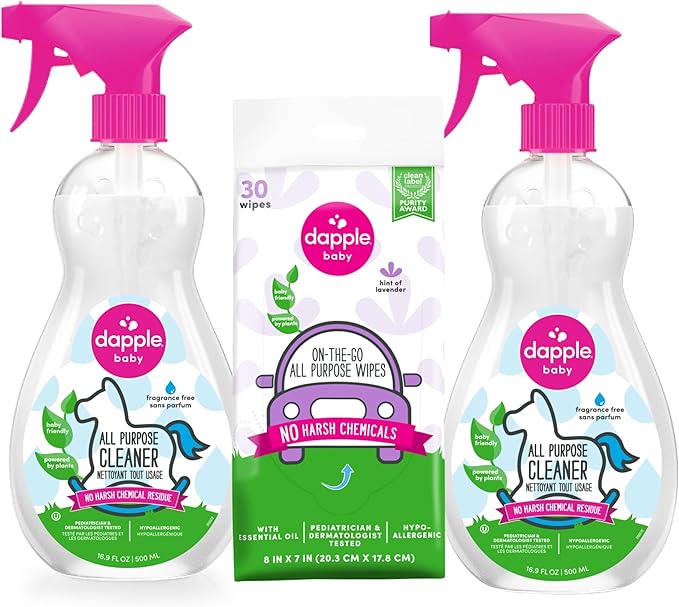 Dapple Baby All Purpose Cleaning Spray Hypoallergenic for Toys High Chairs Swings Counters Powered by Plants 1 Pump Included Fragrance Free 16.9 Fl Oz (Pack of 2) + 30 Count Wipes