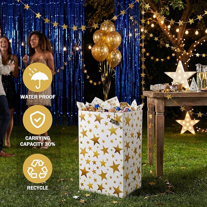 Tinlade 6 Pack 13 Gallon Gold Star Disposable Trash Cans Extra Large Thickened Waterproof Reusable Garbage Bins Foldable Pop up Recycling Bins for Graduation Holiday Party School Gatherings