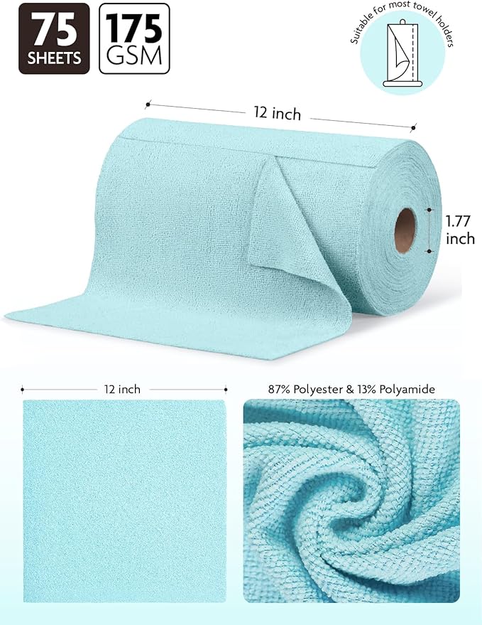 Fantasticlean Microfiber Cleaning Cloth Roll -75 Pack Tear Away Microfiber Towels 12 x 12 Reusable Washable Scratch Free Ultra Absorbent Dishcloth for All-Around Cleaning Supplies (Blue)