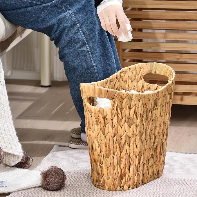 FairyHaus Wicker Trash Can with Handles Natural Water Hyacinth Wicker Waste Basket Handwoven Wicker Trash Basket for Bathroom Bedrooms 13 L x 7.5 W x 12.2 H