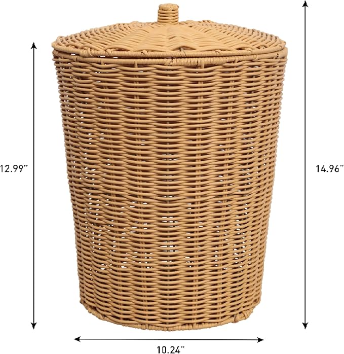 happimess HPM1406A-SET2 Ollie Coastal Contemporary Resin 4.7-Gallon Tapered Round Wicker Watebasket with Lid Natural (Set of 2)