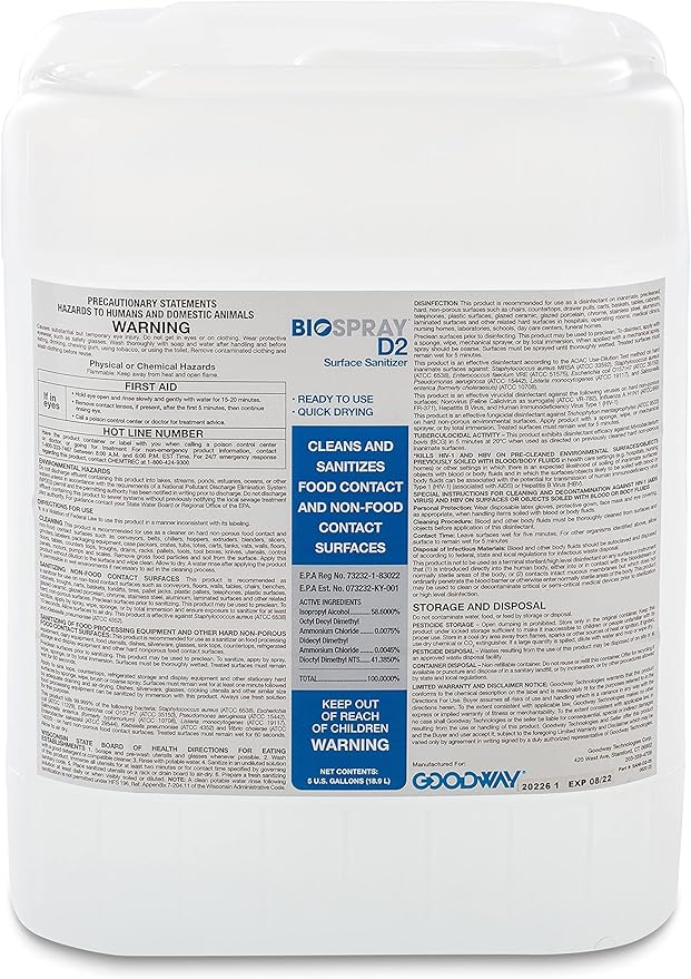 Goodway BioSpray D2 Surface Cleaner Sanitizer and Disinfectant 60 Second Dry Time -No Wiping. Alcohol-Based. Sanitizes Non-Food Contact Surfaces in 10 Seconds 5 Gal. Container