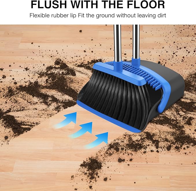 Broom and Dustpan Set 52-in Long Adjustable Handle Broom Dustpan Combo with Dust pan Teeth to Automatically Clean Hair Suitable for Home Kitchen Office Hall Floor (Black&ampBlue) 4 Pack