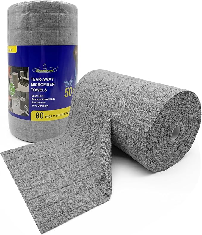 Greenfound Microfiber Cleaning Cloth Roll -80 PackTear Away Towels for CarReusable Paper Towels WashableSuper AbsorbentLint Free Cleaning Rags for HouseKitchenWindow-11.5×11.5(Check Grey)