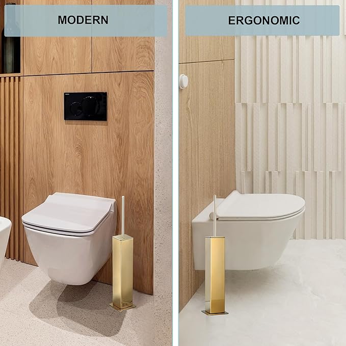 Gold Toilet Brush with Holder 304 Stainless Steel Toilet Bowl Brush Square Bathroom Cleaner Brush