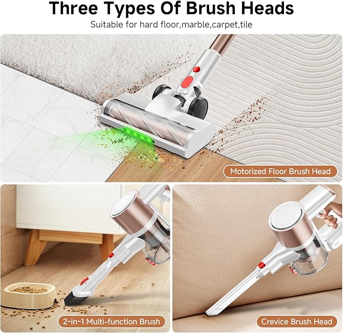 Cordless Vacuum Cleaner Powerful Suction Vacuum Cleaners for Home Stick Vacuum Cordless with LED Display Anti-Tangle &amp Wall Mount 8 in 1 Lightweight Vacuum for Hard Floors Pet Hair(Gold)