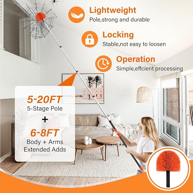 Feather DustersCobweb Duster with 5-20FT Extension Pole | Spider Web for Outdoor &amp Indoor Web Cleaning | Soft Bristle | Lightweight Extendable Handle | 3/4 Standard Acme Threaded Fits Cleaner To