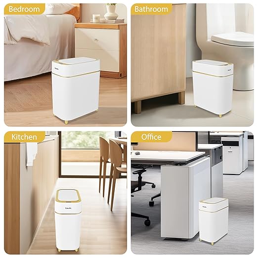 Pukomc 2.3 Gallon / 9L Automatic Adsorption Sensor Trash Can White Gold Motion Sensor Garbage Bin with Suction Slim Fashionable Design for Kitchen Bathroom Office &amp Small Space