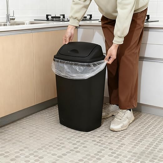 10 Gallon Plastic Garbage Bin with Lid Swing Top Waste Container Kitchen Trash Can with Swing Lid Black 4 Packs