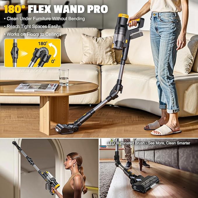 LIVOWALNY Cordless Vacuum Cleaner Compatible with DeWalt 20V Battery 350W Brushless 40kPa Suction 0.8L Dual Dust Cup LED Floor Brush &amp 180° Flex Wand for Hardwood &amp Carpet (Battery Not Incl