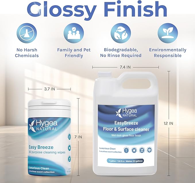 Hygea Natural EasyBreeze Ultimate Cleaning Bundle - PH Neutral Floor &amp Hard Surface Cleaner with All-Purpose Wipes - Luxurious Clean Scented (1 Gallon Floor Cleaner 50 ct. Wipes)