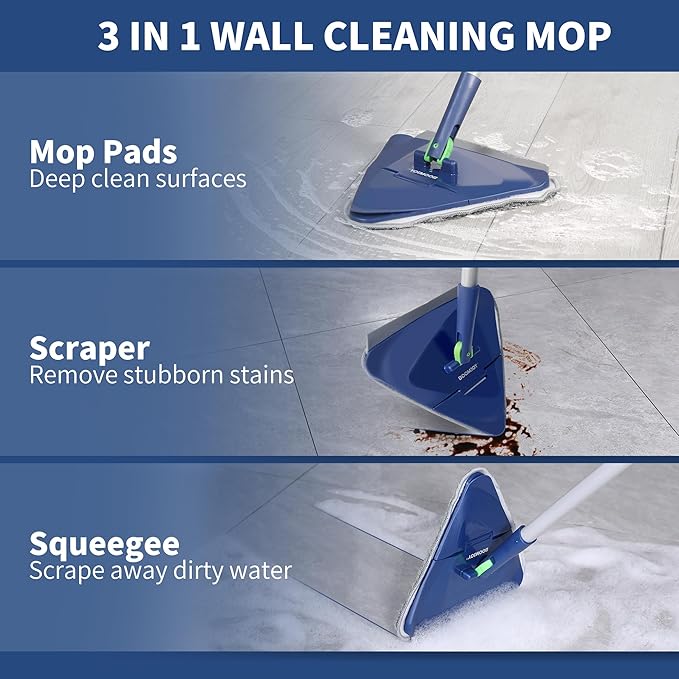 BOOMJOY Wall Cleaner Mop with 82 Inches Long Handle Baseboard Cleaner Tool Duster with Squeegee Ceiling Cleaning Tool with 6 Replacement Pads for Painted Walls Window Floor - Blue