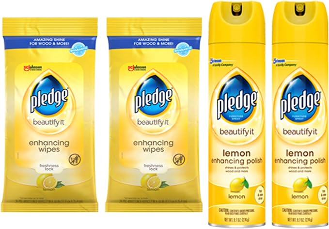 Pledge Multi-Surface Cleaner Spray and Wipes Bundle Works on Leather Granite Wood Lemon Scent (2 Count of 9.7 oz Cans and 2 Pack of 24 Wipes)