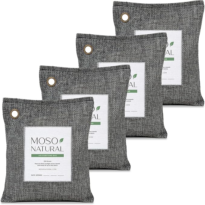Moso Natural Air Purifying Bag 200g (4 Pack) | Premium Bamboo Charcoal Odor Absorber for Home &amp Car | Closet Odor Eliminator Small Room Deodorizer &amp Car Air Freshener | Long Lasting Charcoal