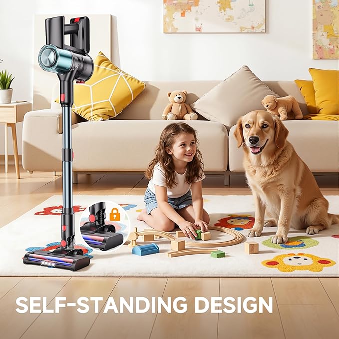 Cordless Vacuum Cleaner Stick Vacuum for Pet Hair &amp Hardwood Floor Self-Standing Rechargeable Vacuum with Smart LED Display Lightweight Battery Powered Vacuum for Home Dorm &amp Dog Hair-Blu