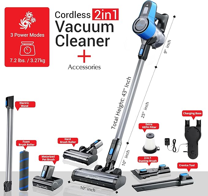 Sirena Proflex PetVac 2-in-1 Cordless Stick Vacuum Cleaner with Motorized Pet Brush for Pet Hair Removal Multi-Surface Cleaning and Portable Convenience