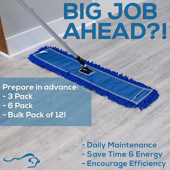 KLEEN HANDLER 6 Pack of 36 Inch Microfiber Dust Mop Large Washable Commercial Mop Head Replacement Sweeper Janitorial Supplies Blue