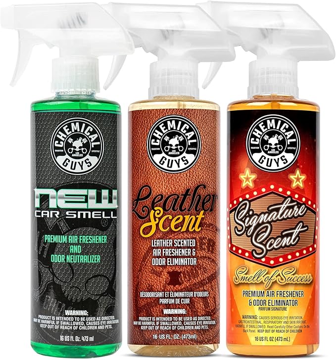 Chemical Guys AIR_301 Best Air Freshener Kit - New Car Scent Leather Scent &amp Signature Stripper Scent (Great for Cars Trucks SUVs RVs &amp More) (3) 16 fl oz Bottles