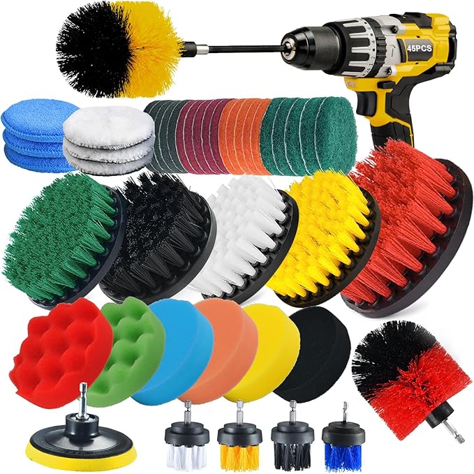 Shieldpro 45 Piece Drill Brush Attachment Set All Purpose Power Clean Scrubber Brush Scrub Pads &amp Sponge with Extend Long Attachment for Bathroom KitchenGroutTubTileCorners Auto