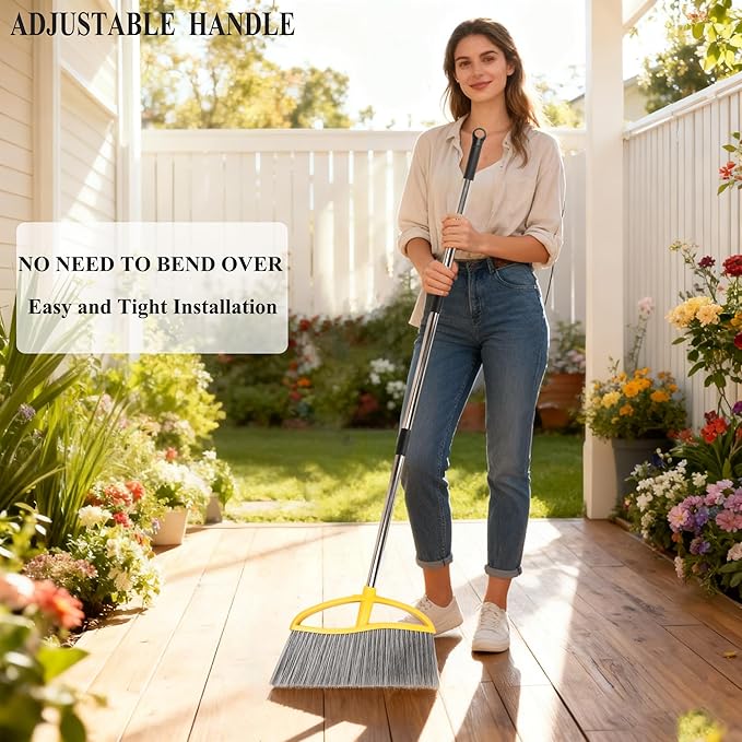 3 Pack Wide Heavy Duty Angle Broom - Stiff Bristle Outdoor Brooms for Sweeping Patio Garden Garage Yard (Black Yellow Green)