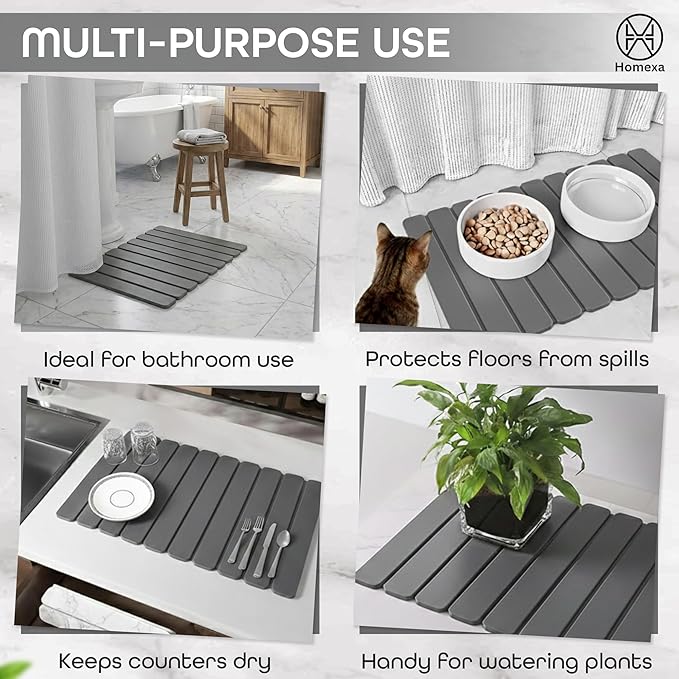 Large Stone Dish Drying Mat 24 x 16 – Quick Dry Diatomaceous Bath &amp Kitchen Mat with Non-Slip Base – Modern Absorbent Drying Pad for Plates Glassware &amp Bottles (Solid Dark Grey)