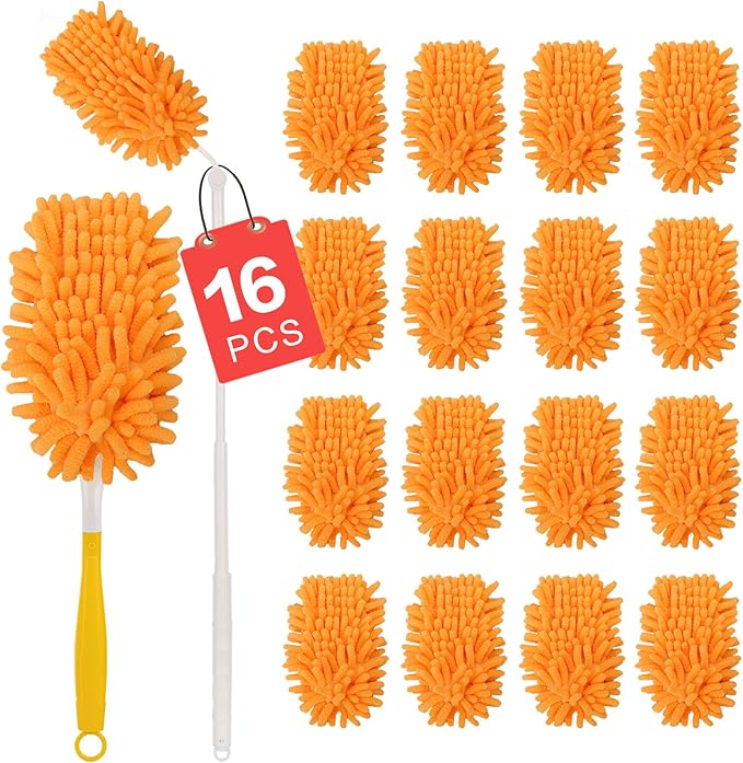 16Pcs Reusable Duster Refill Compatible with Swiffer Hand Duster +3FT Extended Handle +1 Handle 360 Heavy Duty Duster Refills for Cleaning Office Ceiling Fan