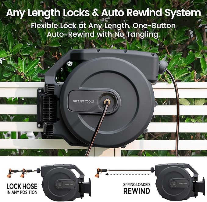 Giraffe Tools AW505/8 Retractable Garden Hose Reel 5/8 x 115+5 ft Heavy Duty Wall Mounted Water Hose Reel Automatic Rewind 180 Deg Swivel Bracket Slow Retraction 115ft Dark Grey