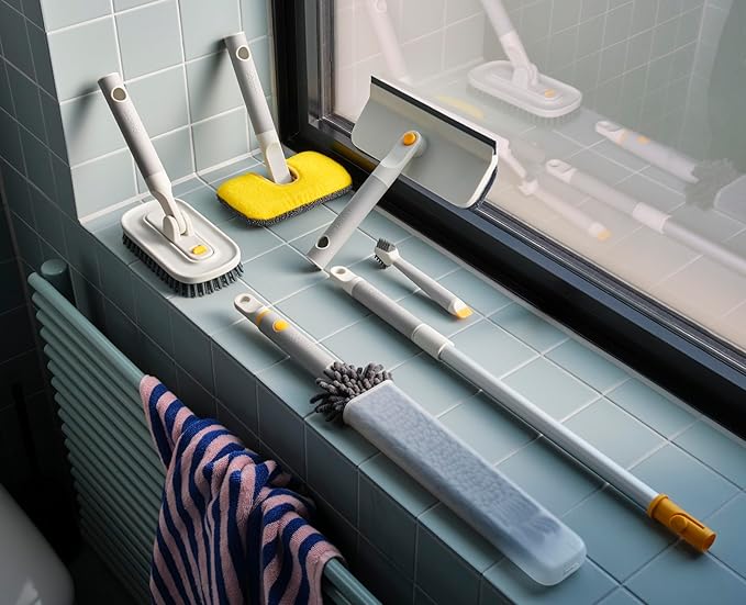 Joseph Joseph CleanTech 6-Piece Cleaning Set with Extension Handle Includes: Glass Cleaner w/Squeegee Tile Scrubber Grout Brush Surface Cleaner and Duster with Telescopic Pole for Ceiling Fan