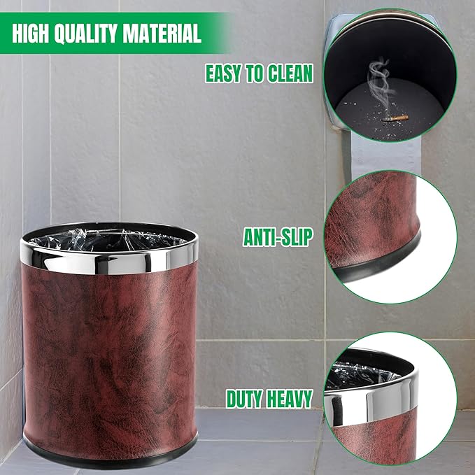'Invisi-Overlap' Open top Leatherette Trash Can Small Office Wastebasket Modern Home Décor Round Shape (Burgundy)