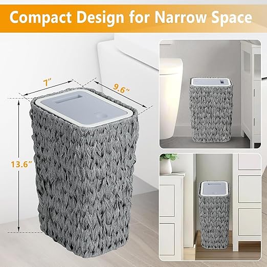 Boho Trash Can with Press Top Lid 2.6 Gallon Rattan Garbage Can Woven Wastebasket Rattan Waste Basket Wicker Recycling Basket for Toilet Office Bedroom Living Room (Gray)