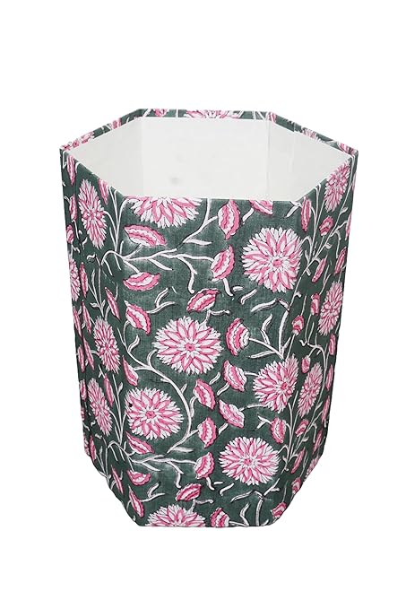 Handmade Cotton Paper Waste Basket Stylish Trash Can for Home or Office (1 White Pink FLOWAR)