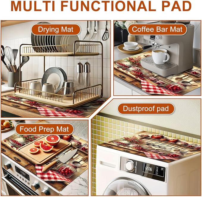Stove Top Cover 28x20 Inch Diatomite Kitchen Mat Vintage Farmhouse Cherry Decor Heat Resistant Coffee Mat Dish Drying Mat Electric Stove Cover Cooktop Protector Counter Pad