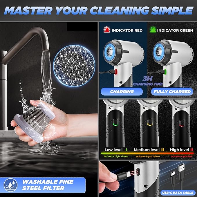 Saker Handheld Car Vacuum Portable Cordless17000PA Mini Air Duster Blower Rechargeable Foldable Vacuum Cleaner with Brushless Motor for Home Office Pet HL132 Black
