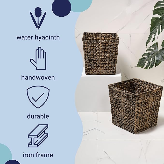 happimess HPM1402B-SET2 Theo Coastal Farmhouse Handwoven Water Hyacinth 4.8-Gallon Tapered Square Wicker Watebasket Brown (Set of 2)