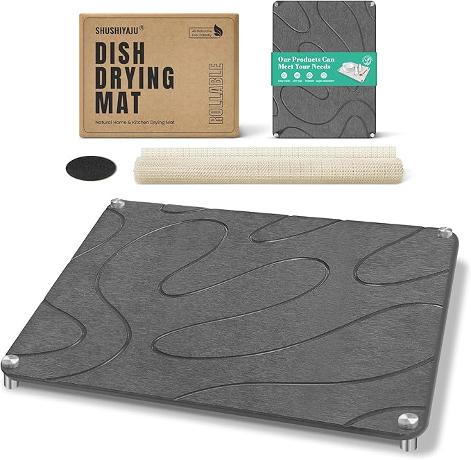 Stone Drying Mat For Kitchen Counter Superb Absorbent Diatomaceous Earth Mats with Non-Slip Feet Quick Dry Stone Dish Drying Pad Dish Pad Multi-Purpose(Flow Line-DarkGrey 15.7 x 11.8)