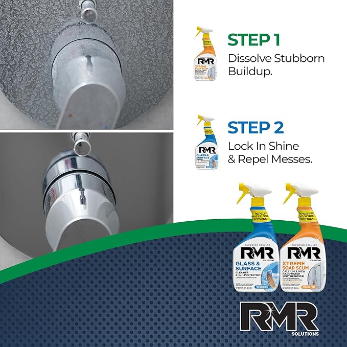 RMR Shower Shield Power Pack – Glass &amp Surface Cleaner/Repellent + Xtreme Soap Scum Remover Multi-Surface Cleaning Kit for Bathroom Tile Glass &amp Surfaces 2–32 Oz Bottles
