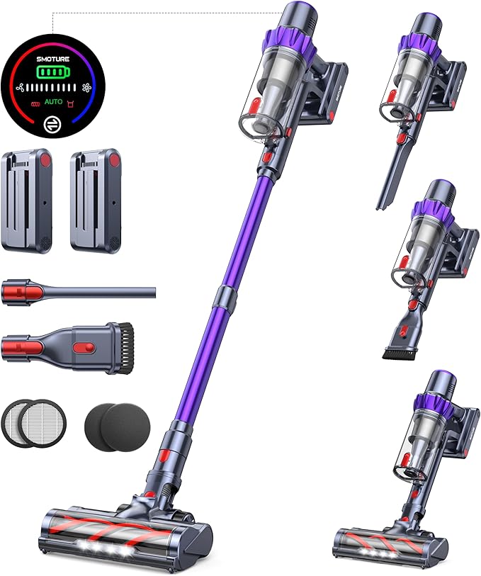Cordless Vacuum Cleaner 2 Batteries 110 Mins Runtime Vacuum Cleaners for Home 45KPA 550W Stick Vacuum with Brushless Motor Automatically Adjust Suction Handheld Vacuum for Pet Hair/Carpet/Floor