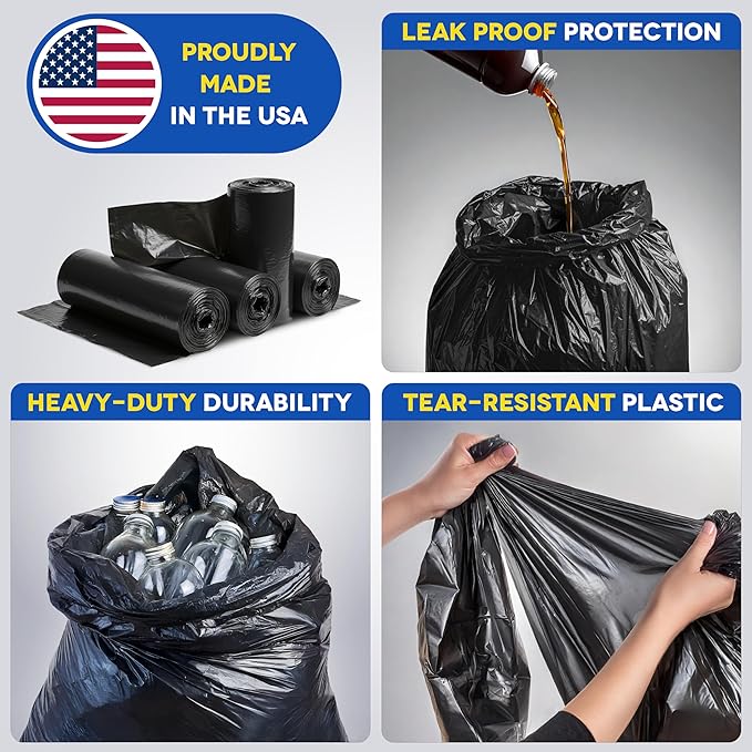 Large Trash Bags 55-60 Gallon | 50 Count Heavy Duty Black Garbage Bags | Unscented Leak Proof Bulk Pack for Office Industrial &amp Commercial Use - Made in USA