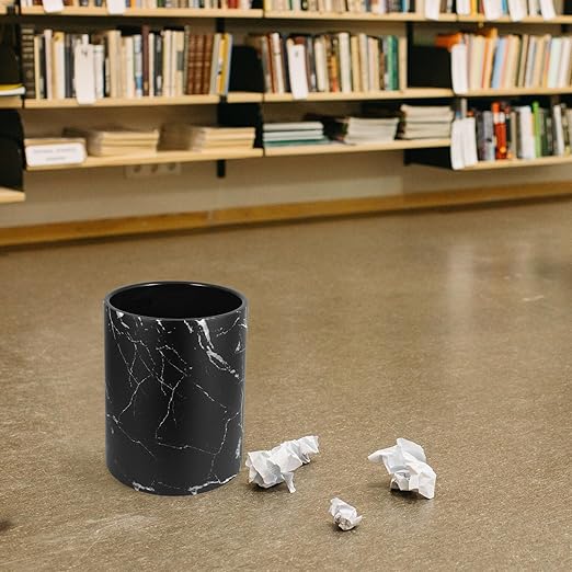 Modern Marble Pattern Trash Bin for Home and Office Lidless Wastebasket for Bedroom Bathroom Kitchen and Stable Garbage Container Stylish Black Trash Can