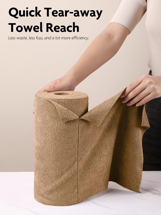 Fantasticlean Microfiber Cleaning Cloth Roll -60 Pack Tear Away Microfiber Towels 12 x 12 Reusable Washable Scratch Free Ultra Absorbent Dishcloth for All-Around Cleaning (Beige &amp Tan)