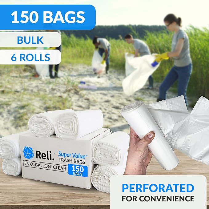 Reli. Easy Grab Trash Bags 55-60 Gallon (150 Count) (Clear) - Star Seal Super High Density Rolls - Heavy Duty Can Liners Garbage Bags Bulk Bags - 50 55 60 Gallon Capacity