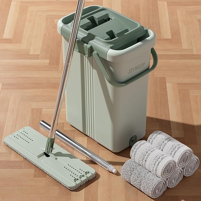 JOYMOOP Mop and Bucket Set - Mops for Floor Cleaning &amp Wall Cleaner with Long Handle Include 5 Microfiber Mop Pads - Green Bucket (X-Large)