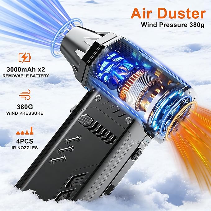 Air Duster -250000RPM- Snow Blower Replaceable Batteries 2pcsLong Life-mini Blower 3-Gear Adjustable- Electeic Air Duster for KeyboardPCsOutdoorsSnowLeavesCar Cleaning (2*Batteries)