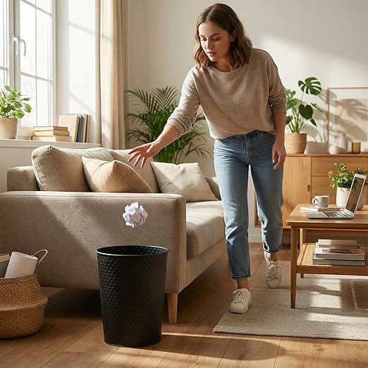 Suclain 2 Pcs Black Copper Trash Can-Handcrafted Hammered Metal Wastebasket Modern Decorative Garbage Can 6 Liters Round Trash Bin for Bathroom Bedroom Kitchen Office